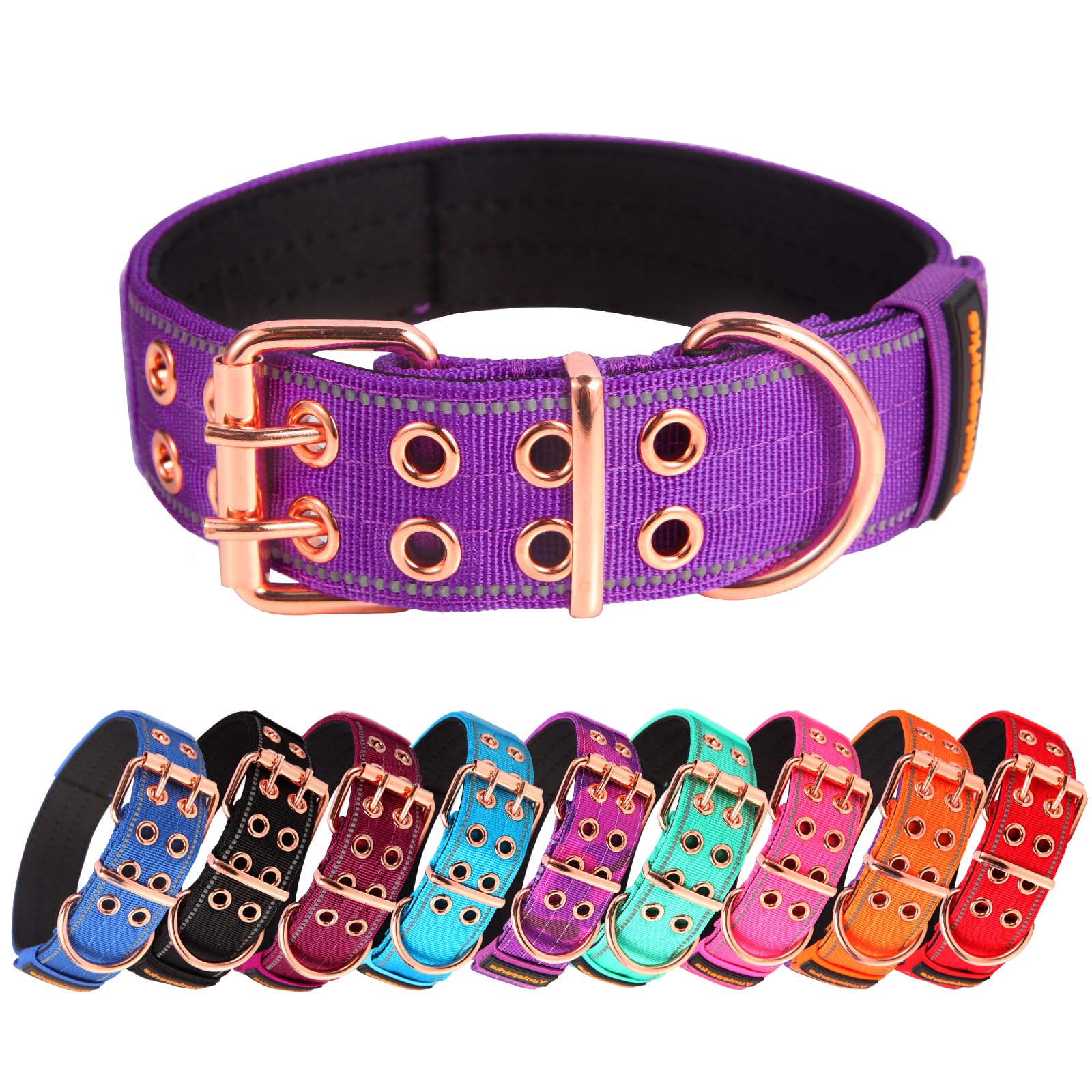 Yunleparks Heavy Tactical Dog Collar, Neoprene Padded, Reflective Nylon - Purple XL